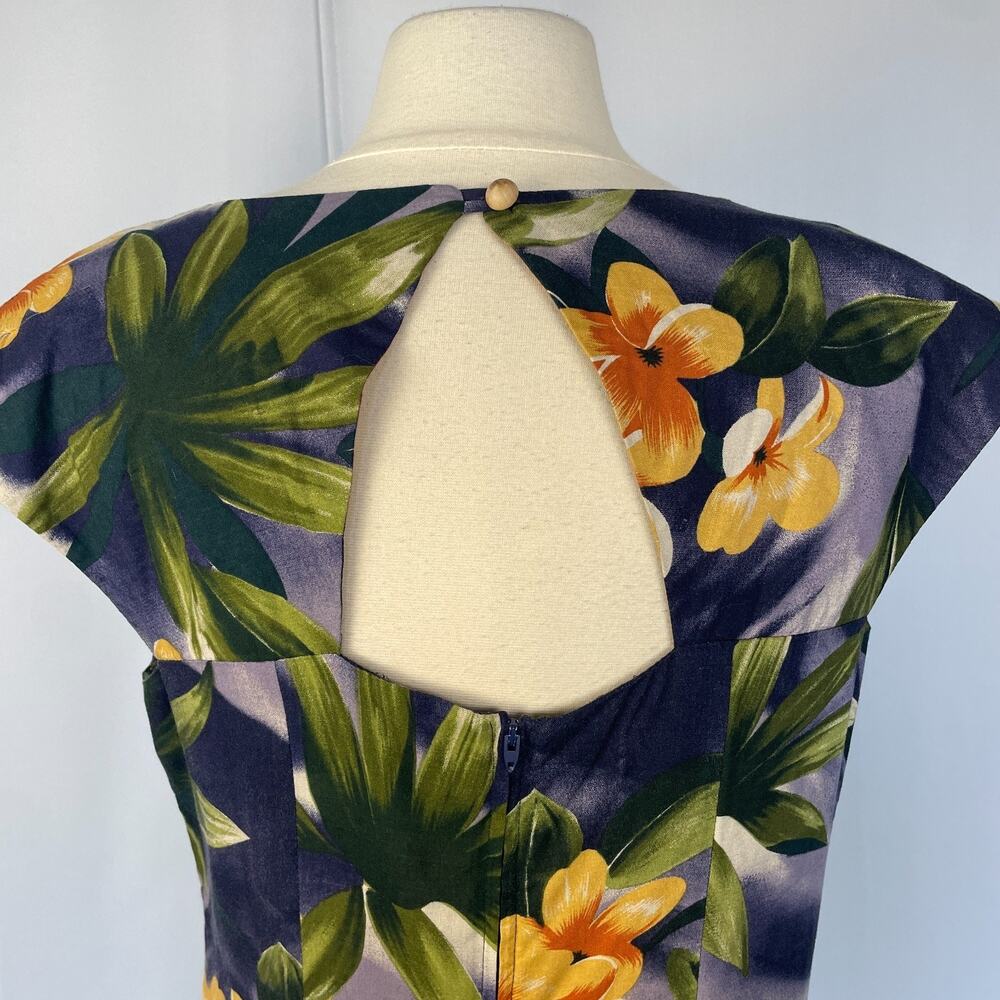 Vintage Dress Size 14 Blue Tropical Floral Hawaii Beach Open Back Beaded 90s - Picture 9 of 15